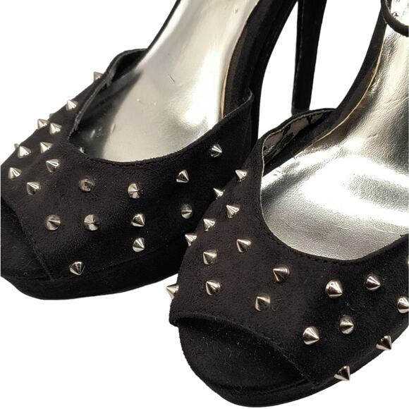Speed Limit 98 Black Faux Suede Silver Spikes Open Toe Pump Heels 7.5 - Picture 4 of 16